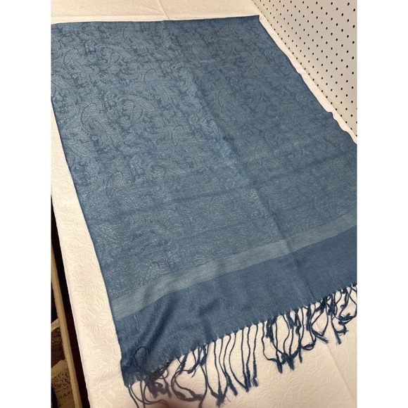 Pashima Womens Shawl Scarf Cashmere Fringe Blue Paisley Textured Design‎ - Picture 1 of 3